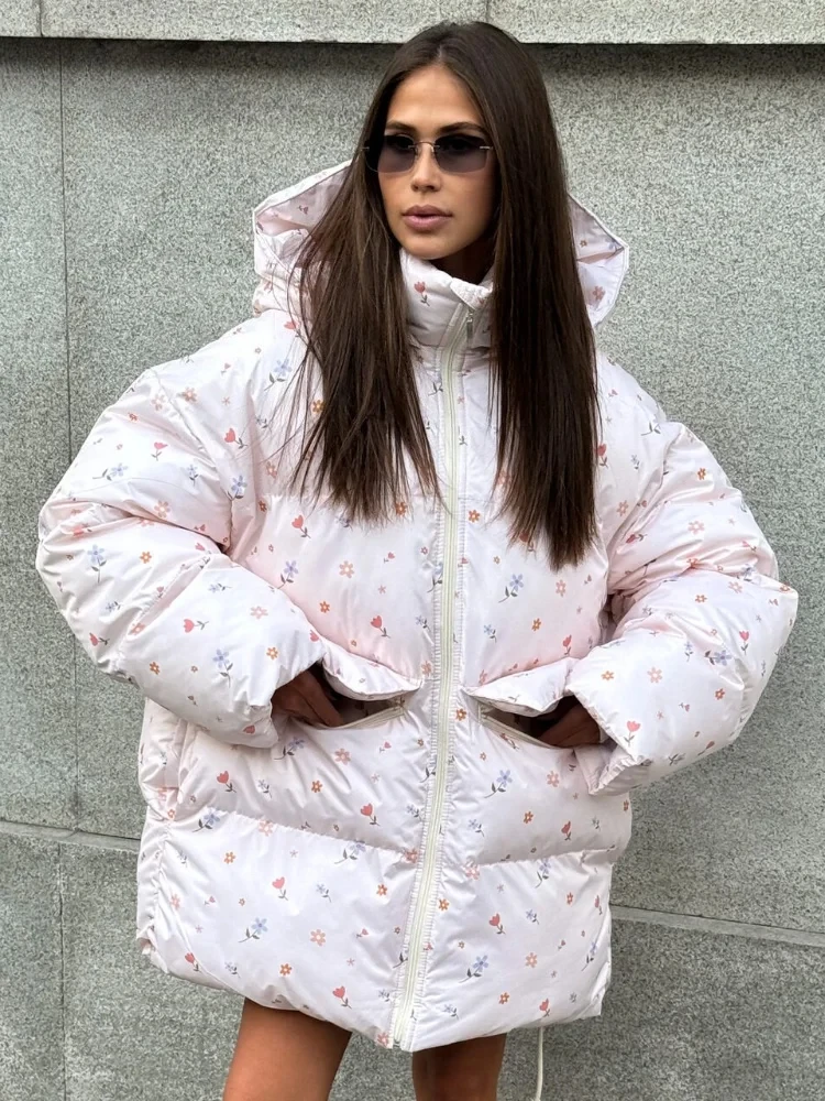

Осень-зима 2025 г., женское милое короткое пуховое пальто с цветочным принтом и пышными рукавами, хлопковая куртка
