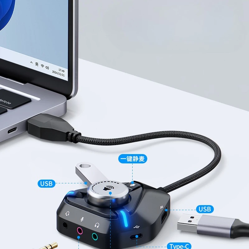 6-in-1-usb外部サウンドカードハブ。ヘッドホンとマイク用の35mm独立オーディオジャックを搭載。usbポート拡張スプリッター。