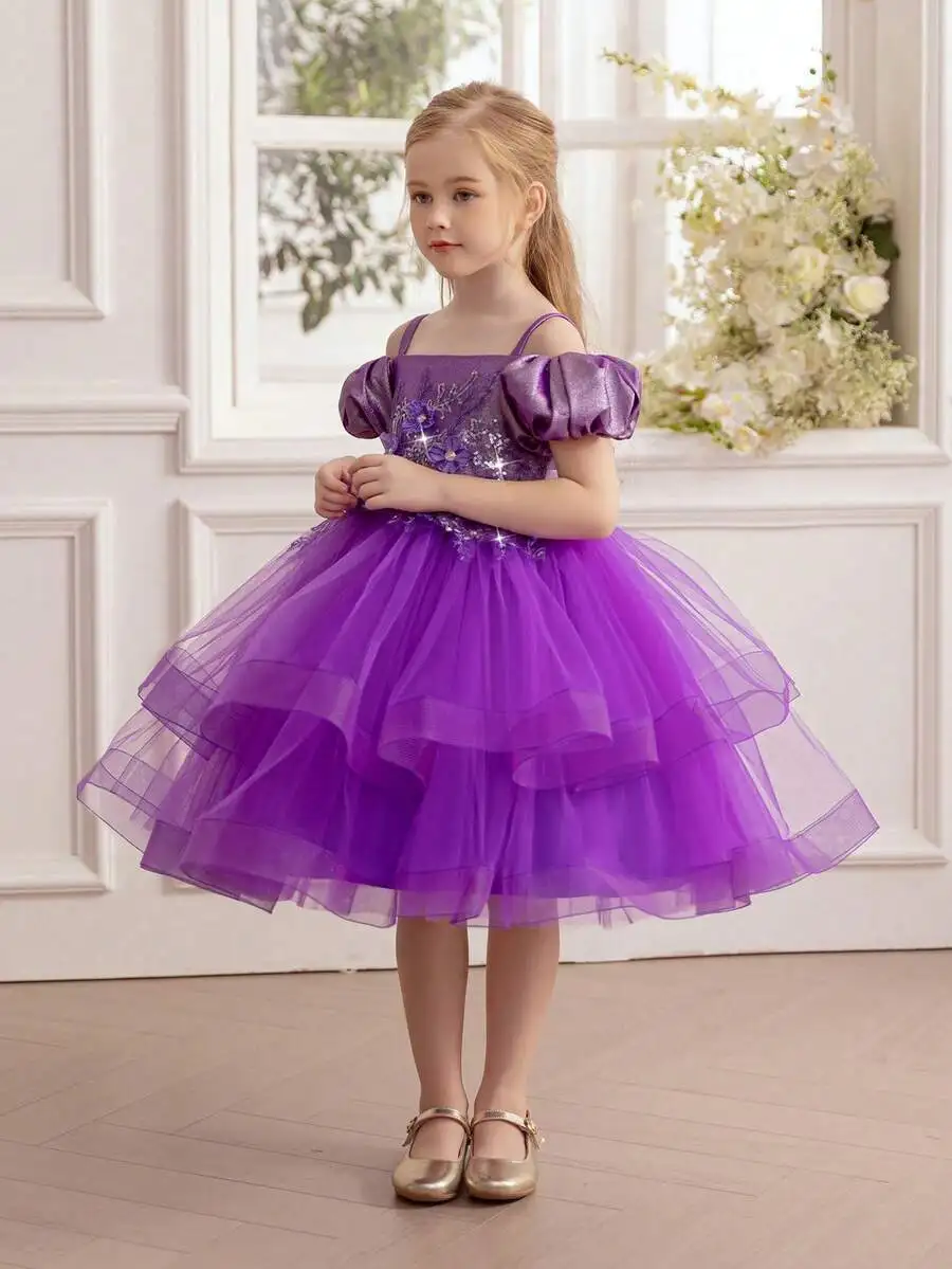 

Purple Off Shoulder Puff Sleeve Tulle Ball Gown With 3D Floral And Crystal Embellishment Formal Evening Dress