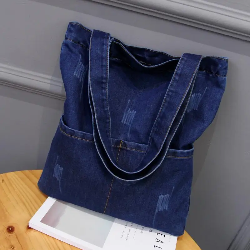 

Синие джинсовые сумки на плечо с застежкой-молнией Женские холщовые сумки-тоут с несколькими карманами Женская повседневная сумка для работы