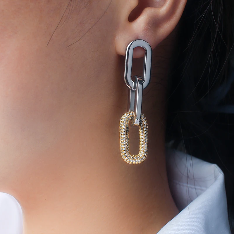 Exaggerated Stainless Steel Chain Drop Earrings for Women Crystal Link Long Dangle Earring Studs Statement Link Earrings