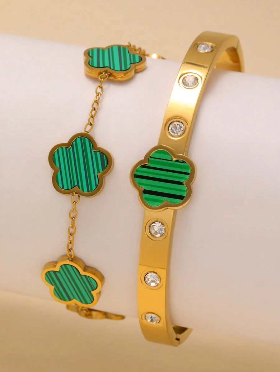 قطعتان من رقائق Cinquefoil الأنيقة + Cinquefoil مع سوار الزركونيا من الفولاذ المقاوم للصدأ لا يبهت ومناسب للارتداء اليومي