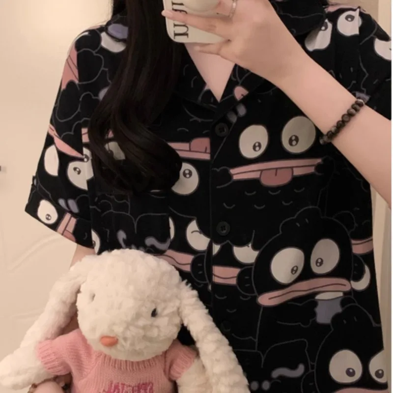 Large Size Cartoon Black Short-Sleeved Shorts Student Homewear Sets Hanton Ugly Fish Tide Cardigan Pajamas Sleepwear Loungewear