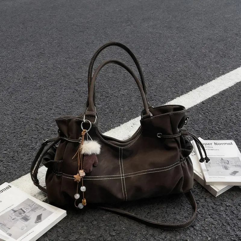 

Korean Double Stitching Tote Bag, Ruched Design With Cute Pendant, Motorcycle Bag Women's Shoulder Underarm Bag Women's Handbag