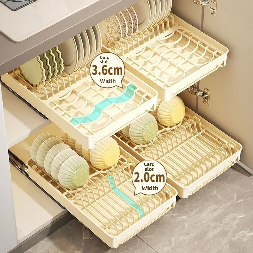 

Plastic Pull Out Dish Rack Built-In Large Drawer-type Plate Drain Rack Space Saving with Drainboard Slide Out Dish Drying Rack
