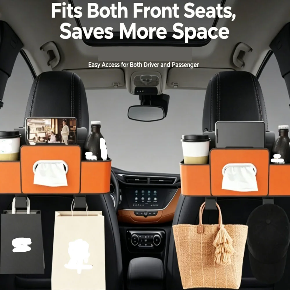 Multifunctional Car Seat Back Organizer, Large Capacity Leather Storage Bag with Tissue Box Cup Holder Hook for Car Interior