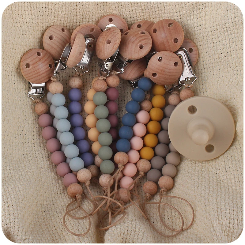 Madeira de faia Chew Beads Chupeta Clips, Titular de corrente manequim, Cadeias Chupeta fofas, Brinquedo de dentição do bebê