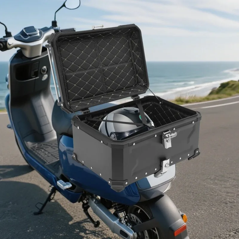 45L/55L/65L Motorbike Tail Box Black Metal Motorcycle Trunk Tail Box Motorcycle Top Case Lockable Luggage Box with 2 Key
