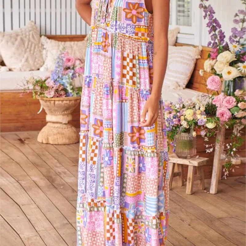 Fashion Flower Print Long Dresses For Women Casual Beach Holiday Bohemia Style Sleeveless Dress Elegant Lady Loose Maxi Vestidos