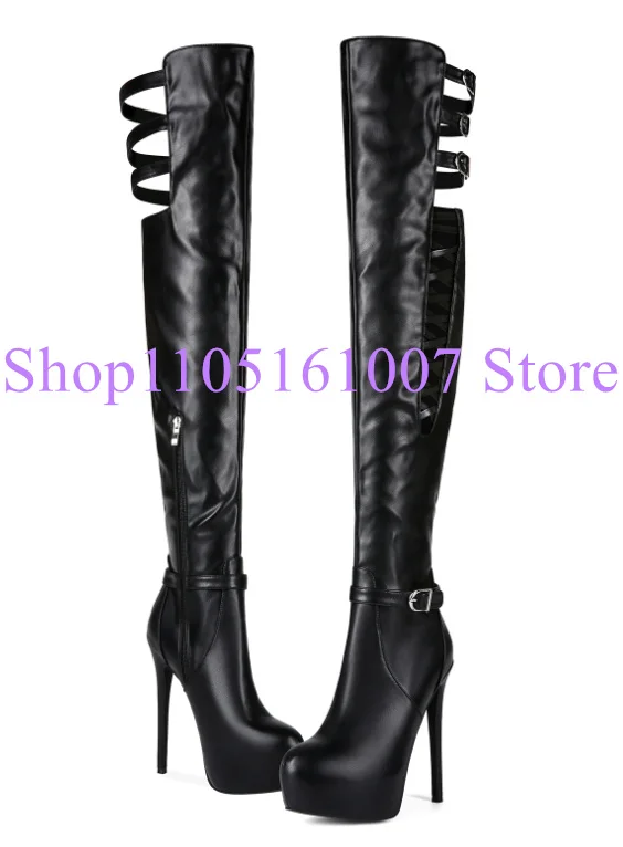 Black White Leather Hollow Out Lady Long Boots Sexy Stiletto Heel Platform Over the Knee Boots Woman Fashion Dress Party Shoes view 3