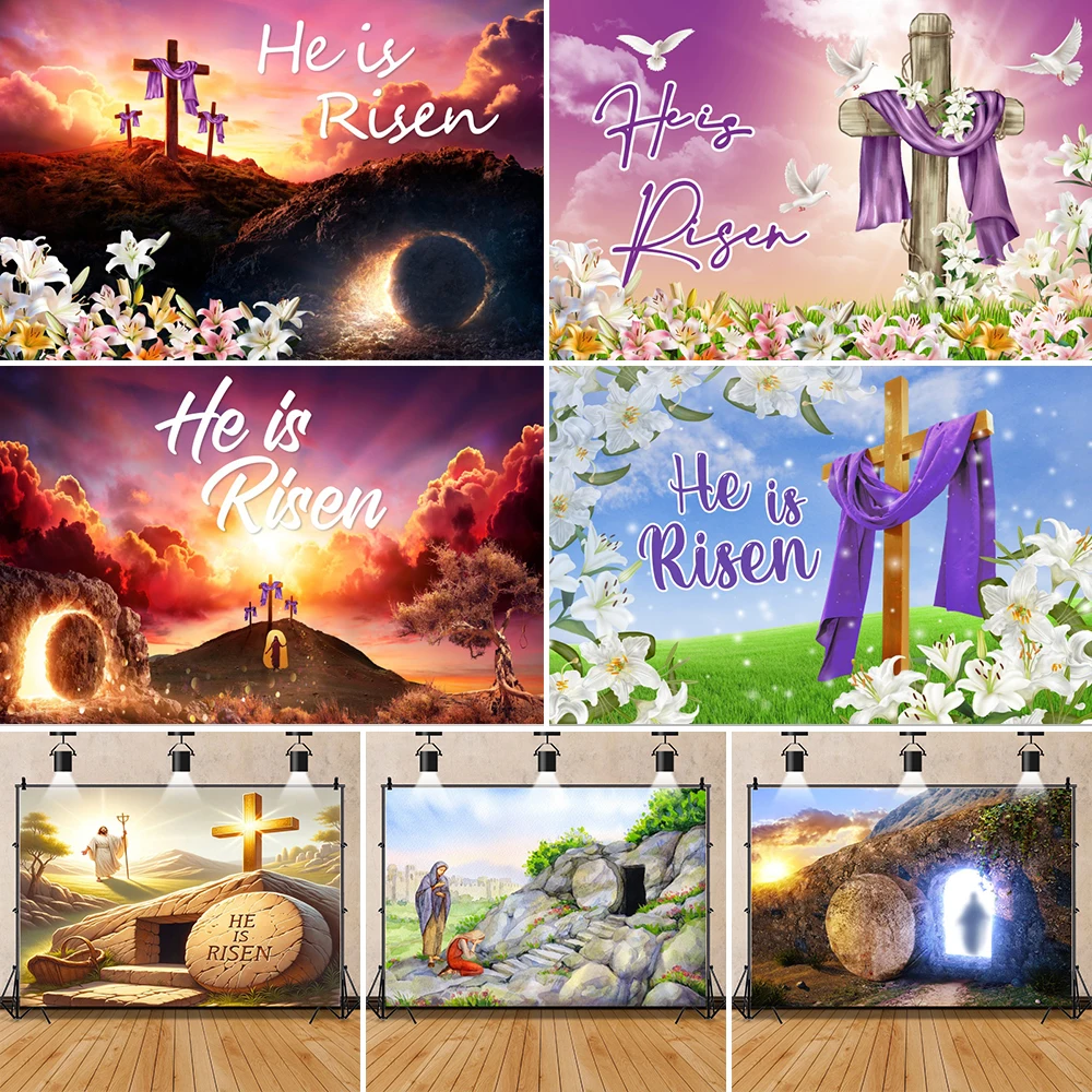 

Jesus Christ Cross Easter Backdrop Nativity Holy Bible Stone Cave Tomb Crucifixion Sunset Mountain Photography Background Photo
