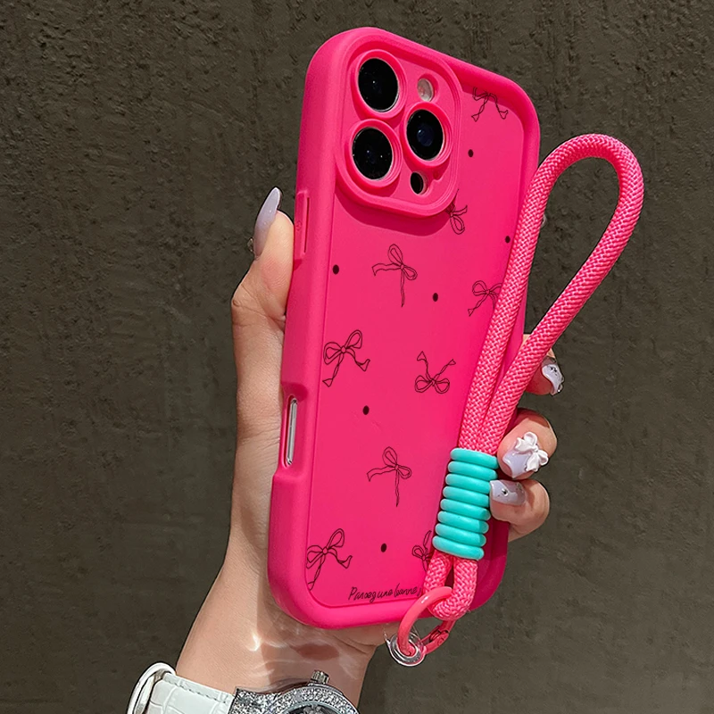 Cute Polka Dot Bow Pattern Soft Lanyard Phone Case For iPhone 17 16 15 Pro Max 14 13 12 11 16E X XR XS 7 8 Plus Silicone Cover - náhled 5