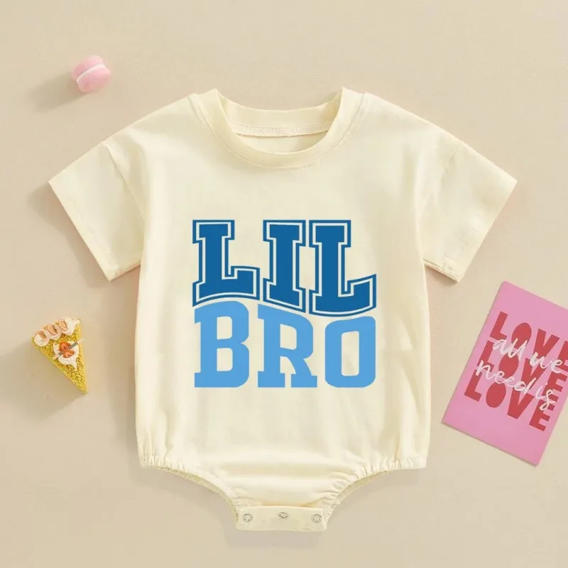 BIG BRO/LIL BRO Print Family Matching Outfit Kid T-shirt+Oversized Bubble Romper Short Sleeve Family Set Retro Brother Outfits