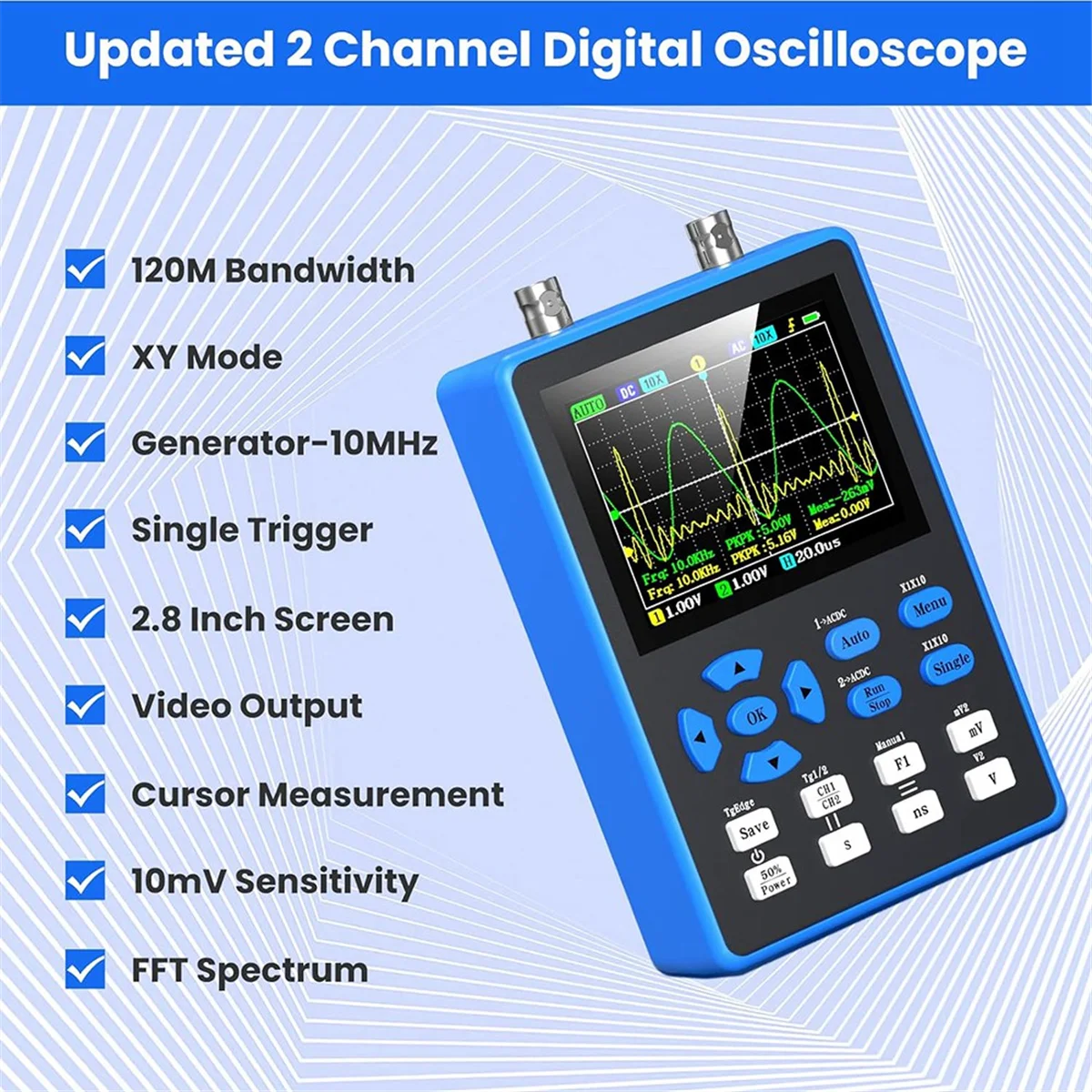 DSO2512G Digital Oscilloscope with 2 Channels 120Mhz Bandwidth Signal Generator 500MSa/S Sampling Rate, 2.8 Inch Display CX