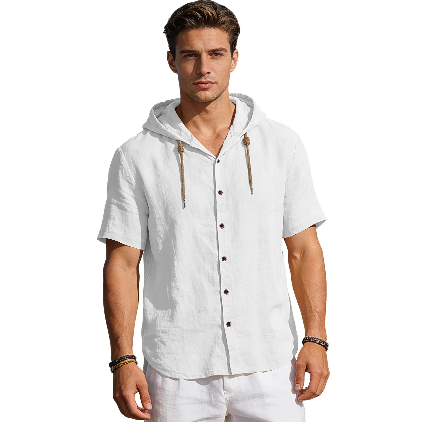 

Summer Men's Linen Shirt with Hood and Hat Breathable Thin Loose Fit Short Sleeve Casual Shirt American Style Beach Shirt