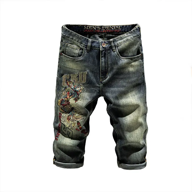 Cropped Denim Shorts Men's Summer Koi Embroidered Chinese Style Street Retro Casual Summer High-End Middle Pants