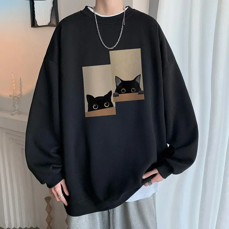 Cat Graphic Pullover Men Autumn Loose Sweatshirt Casual Clothes Unisex O-Neck Top Oversized Warm Comfortable Fashion Streetwear
