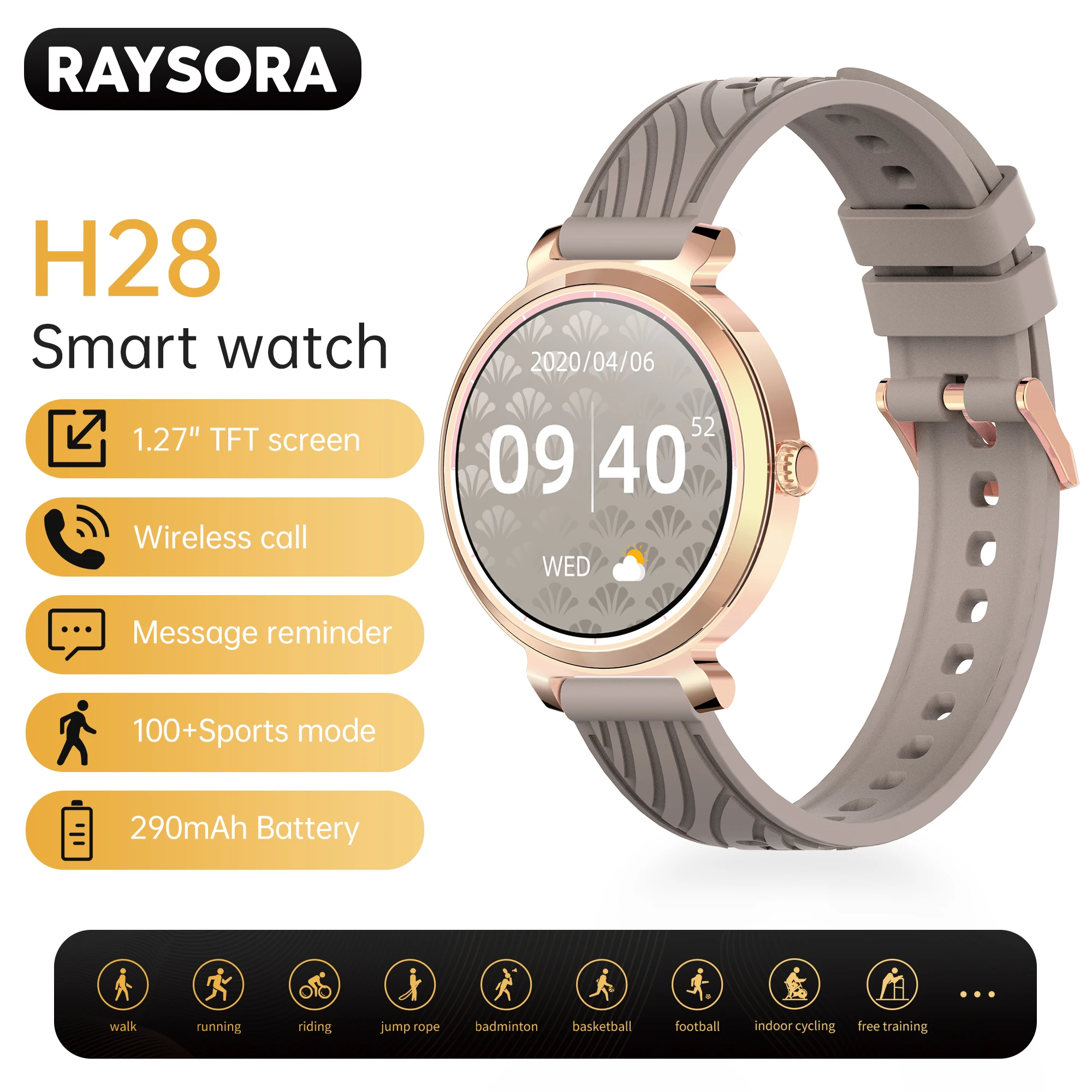 

Женские умные часы RAYSORA, экран 1,27 дюйма, водонепроницаемость IP67, аккумулятор 290 мАч, беспроводные звонки, совместимые с Android/iPhone