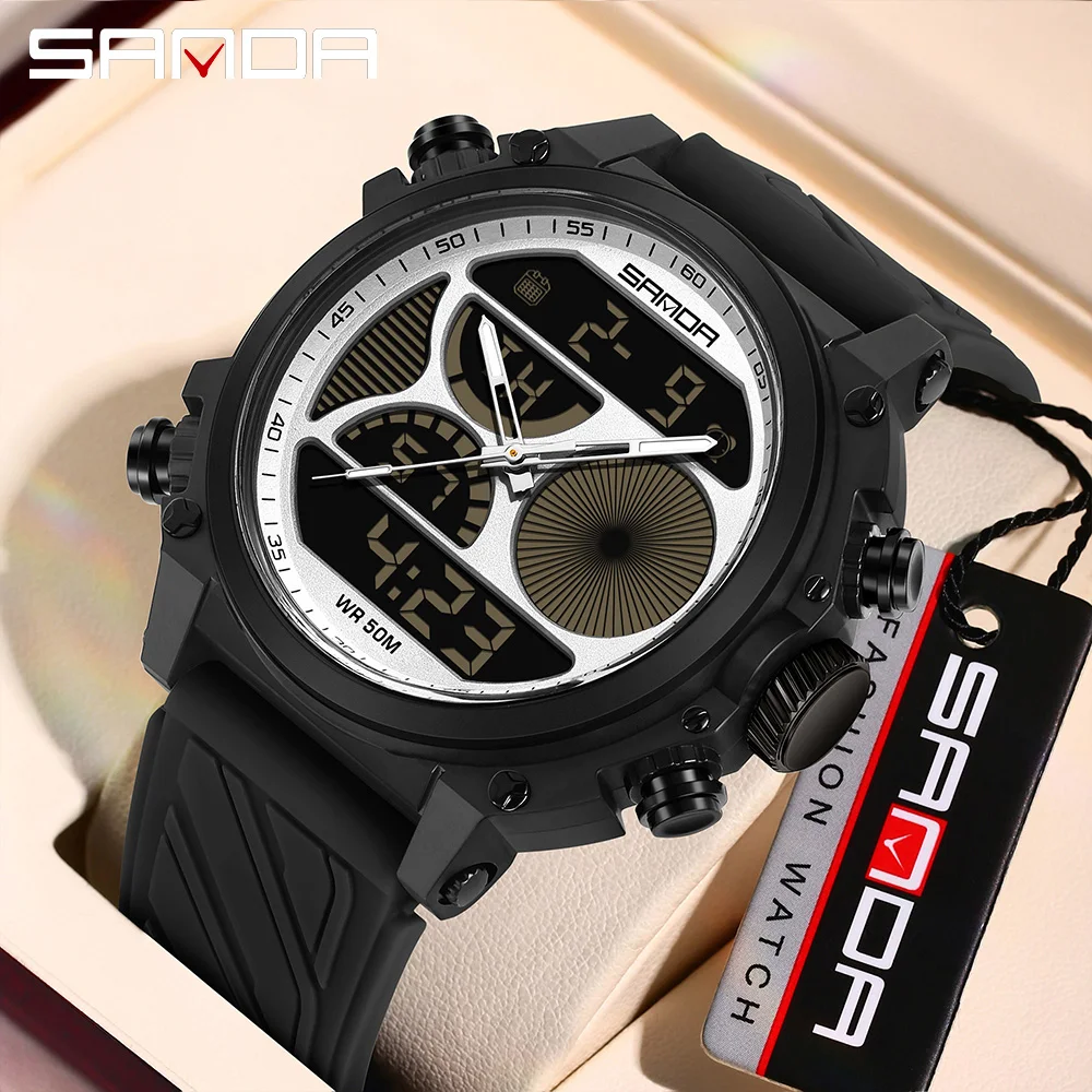 SANDA 6236 Fashion Men's Electronic Watch Sport Large Dial Dual Screen Multi functional Waterproof Men's Electronic Watch