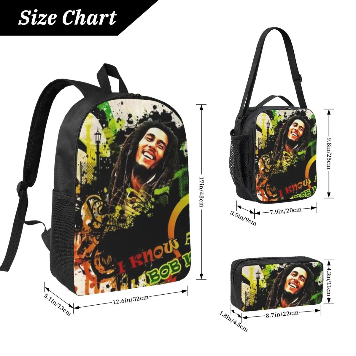 Funny Bob Marley Backpack Student BookBag School Bag Computer Shoulder Bags 3ps Insulated Lunch Bag Pencil Case