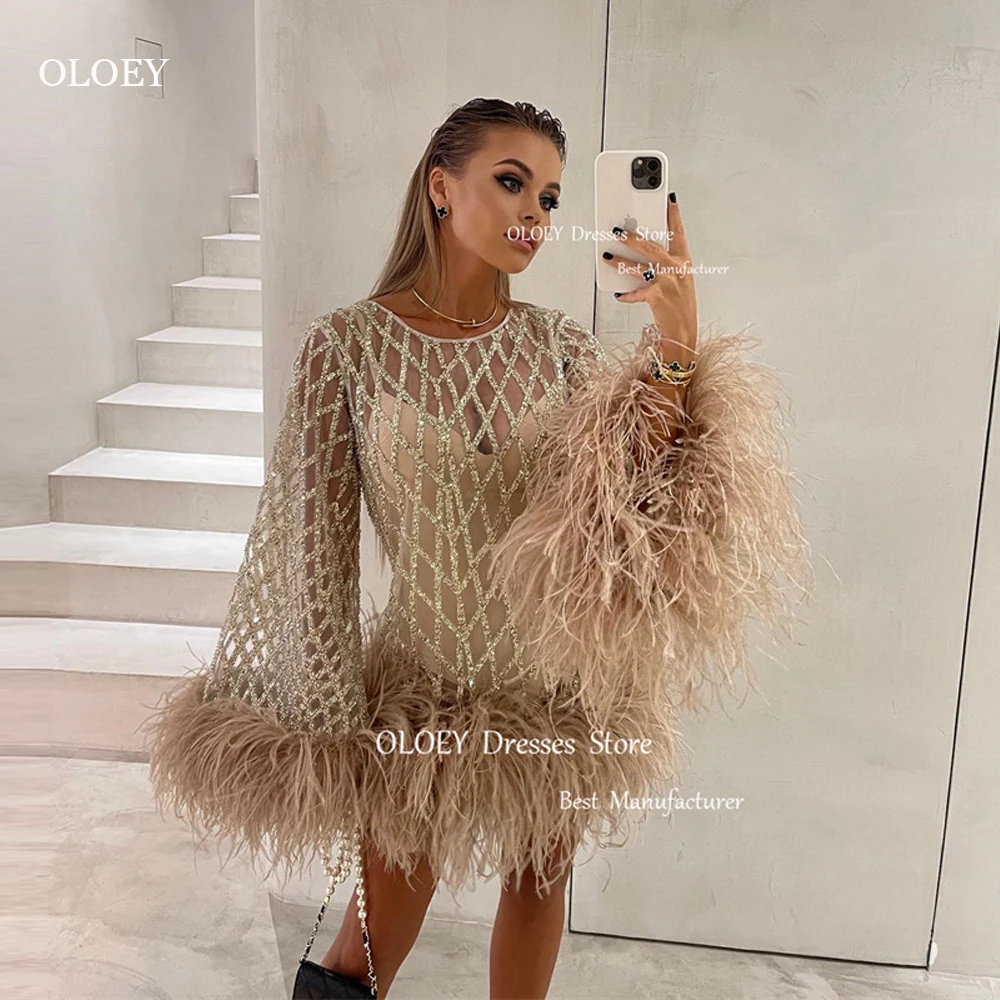 OLOEY Luxury Short Shiny Glitter Prom Party Dresses Flare Long Sleeves Jewel Neck Dubai Arabic Women Cocktail Dress Night Event