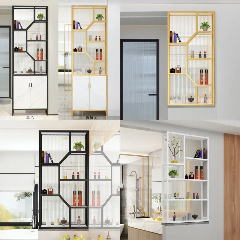 Fluted Glass Partition Cabinet with Shelf Metal Frame Half Wall Divider for Bathroom Dry Zone Living Room Modern Decor