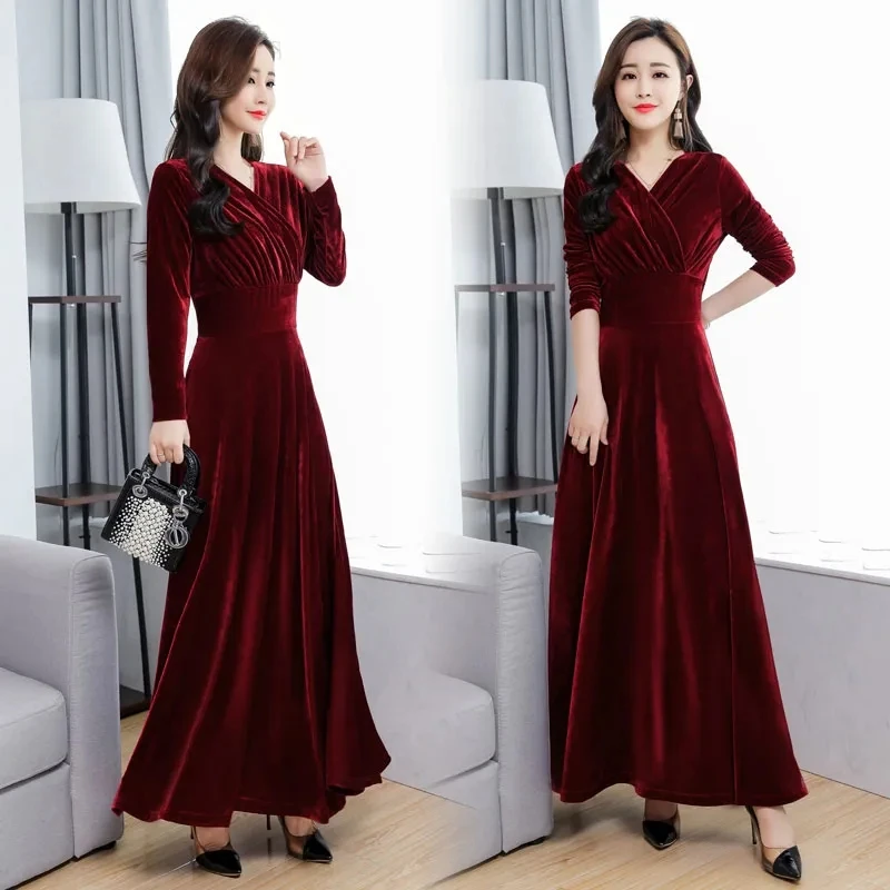 High End Temperament Golden Velvet Dress Spring Autumn V-Neck Long Sleeve Mother A-Line Dresses Women Large Size Velour Vestidos