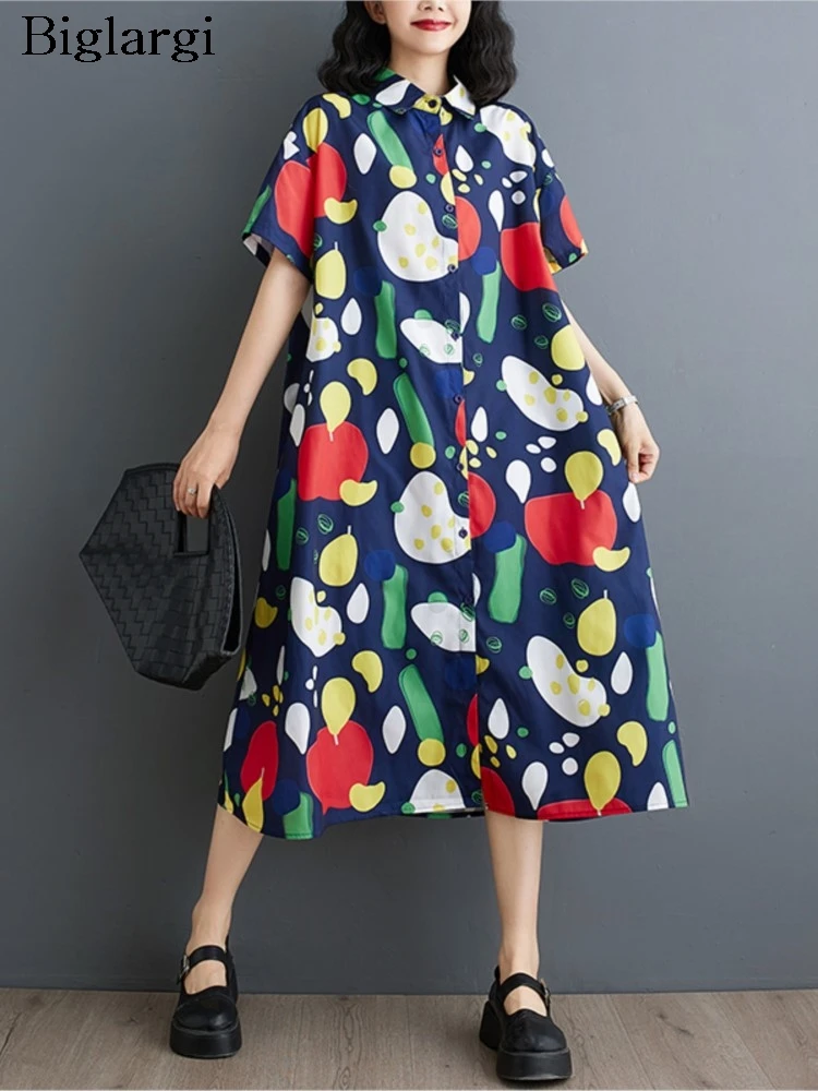 

Summer Shirts Dress Women Graffiti Print Fashion Loose Pleated Ruffle Fashion Ladies Dresses Casual Oversized Woman Midi Dress