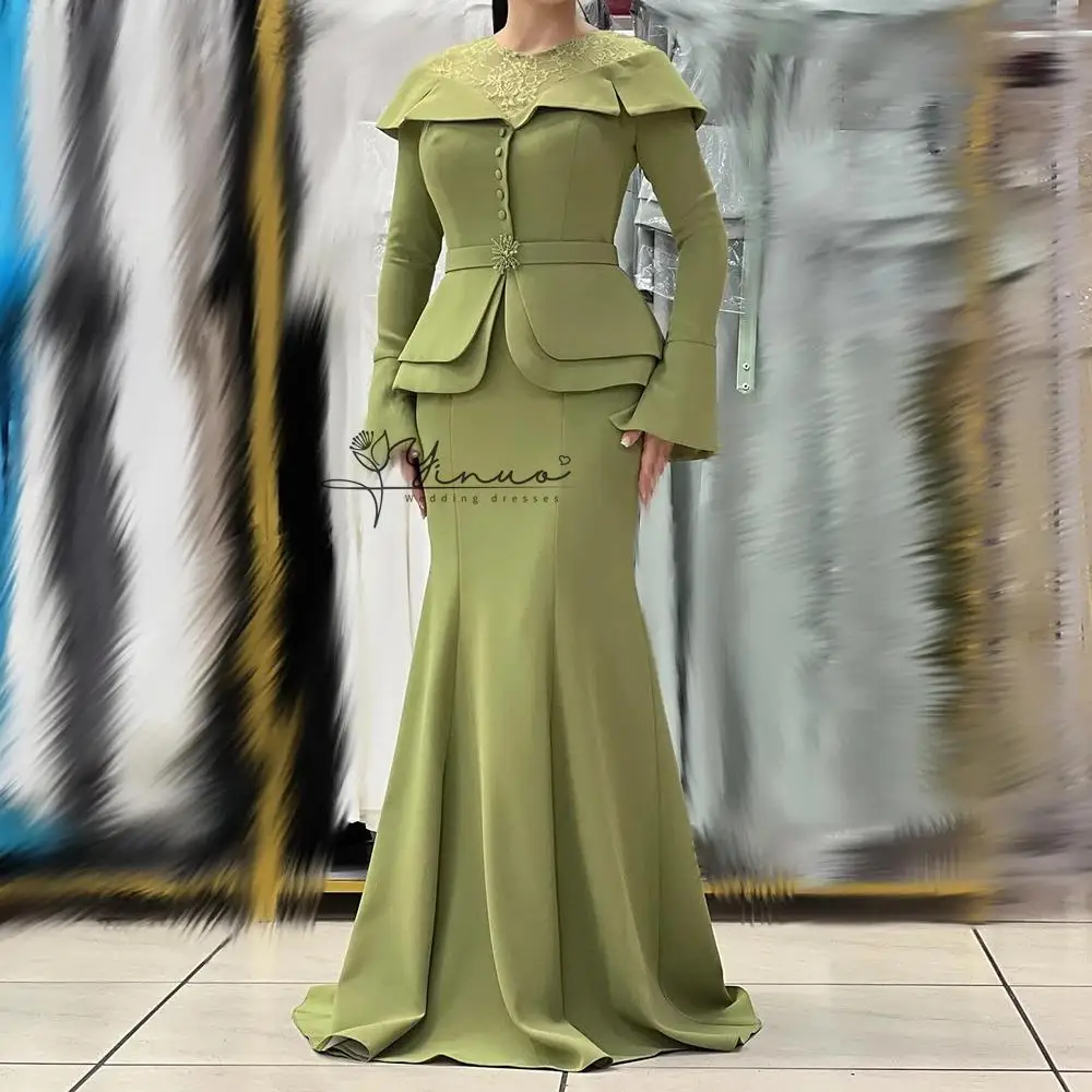 

customized A-line Evening Dresses Floor-length O-neck Full Sleeve Prom Gown Fashion Button Lace Sashes Simple Draped Party Gown