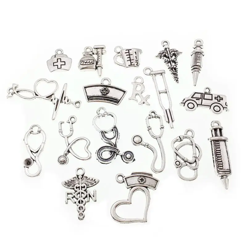 72Pcs Mixed Antique Silver Doctor Nurse Stethoscope Ambulance Pendant for DIY Necklace Jewelry Making