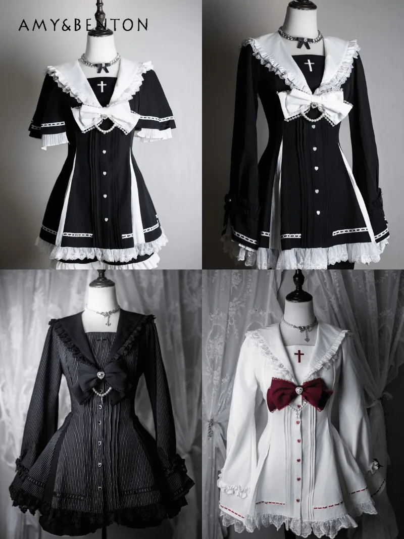 

Mine Series Subculture Lolita Women Clothing Japanese Mass-Produced Set Lace Long Sleeve Sailor Collar Dress Shorts Gothic Set