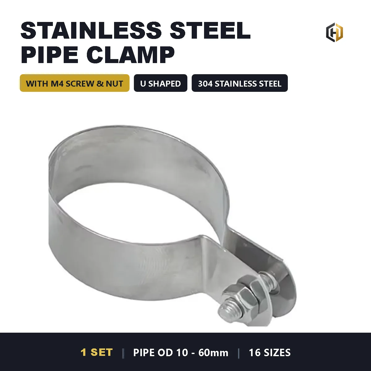 304 Stainless Steel Pipe Clamp 10-60mm U Shaped Saddle Clip with M4 Screw and Nut for Water Pipe Conduit Grounding 1PC