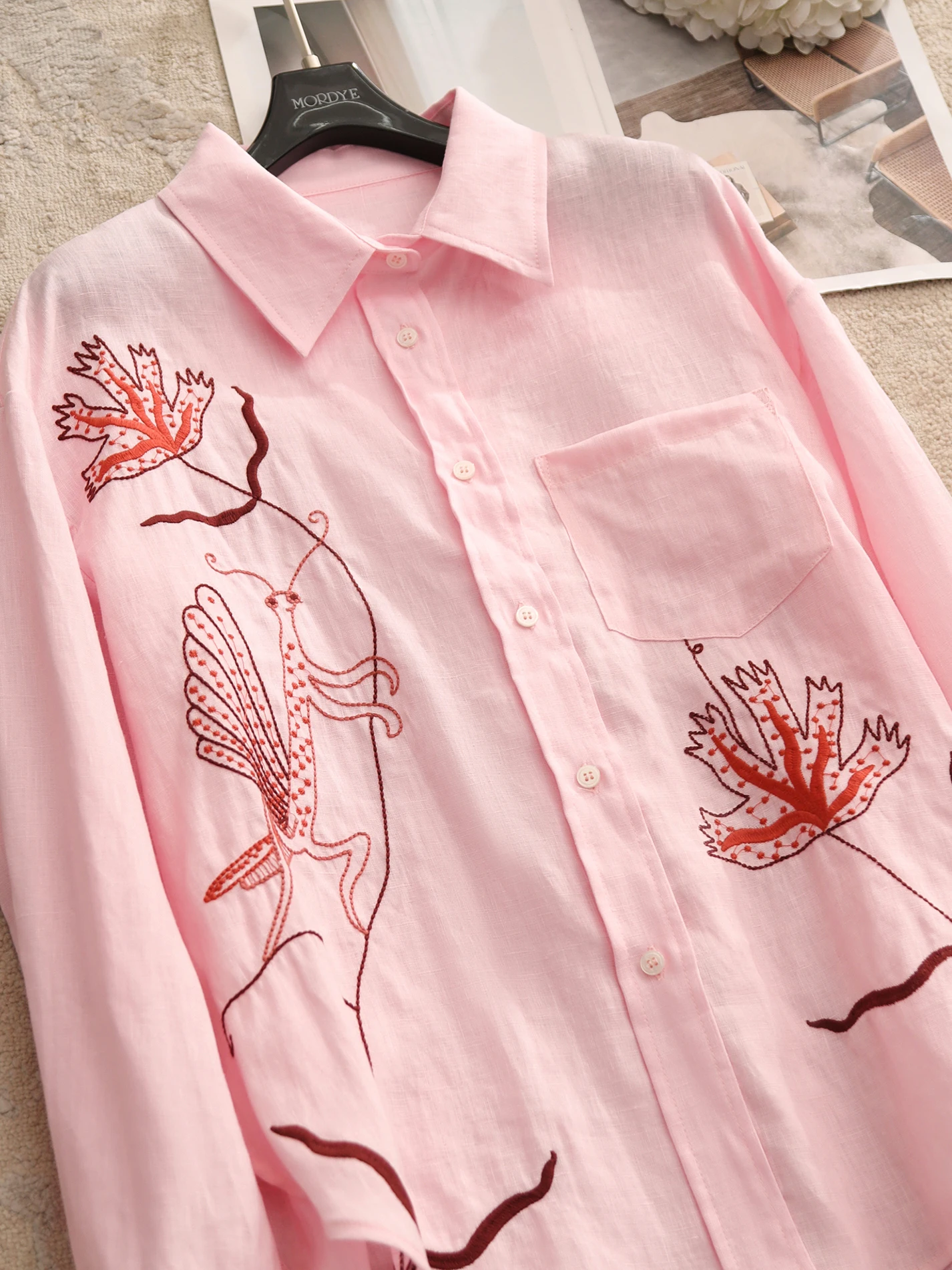 

Loose Fit Pink Long Sleeve Shirt Embroidered Linen Original Design Collar Asymmetric Women's Casual Breathable Top