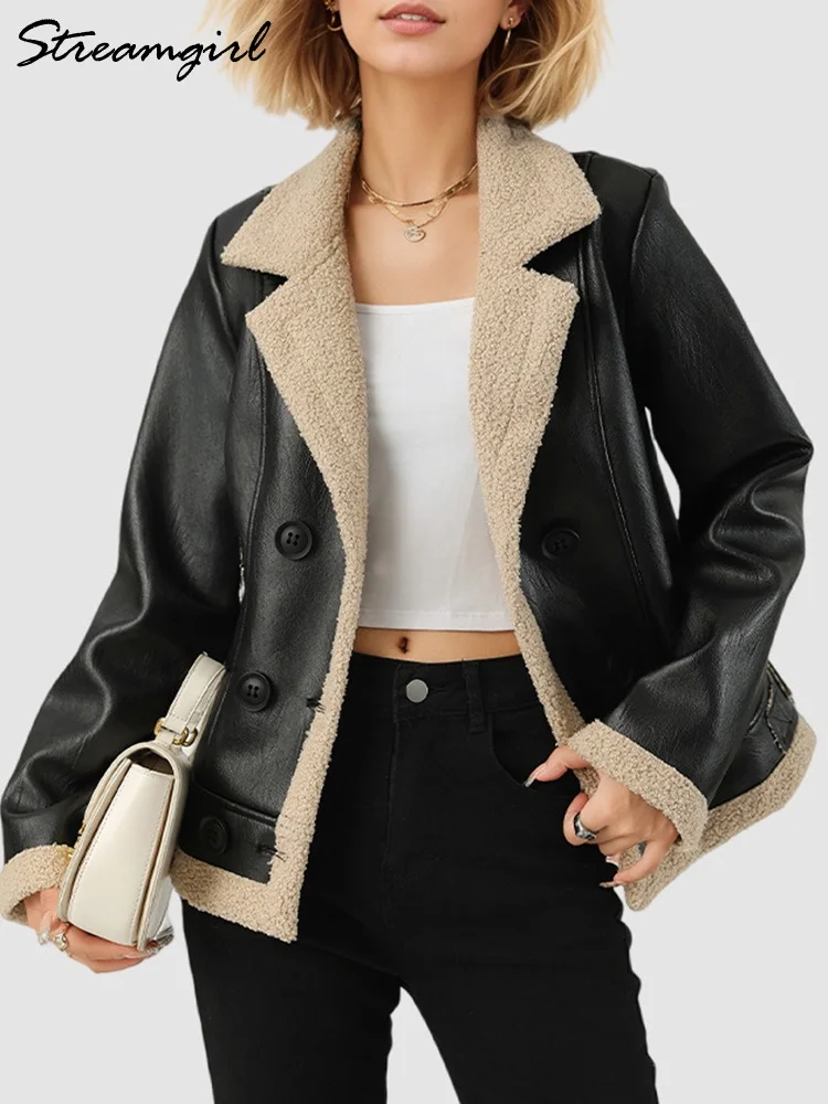 Streamgirl Winter PU Jackets For Women Warm Fleece Coat Black Thick Warm Leather Jacket Women Winter Fur Coats Outwear Spring
