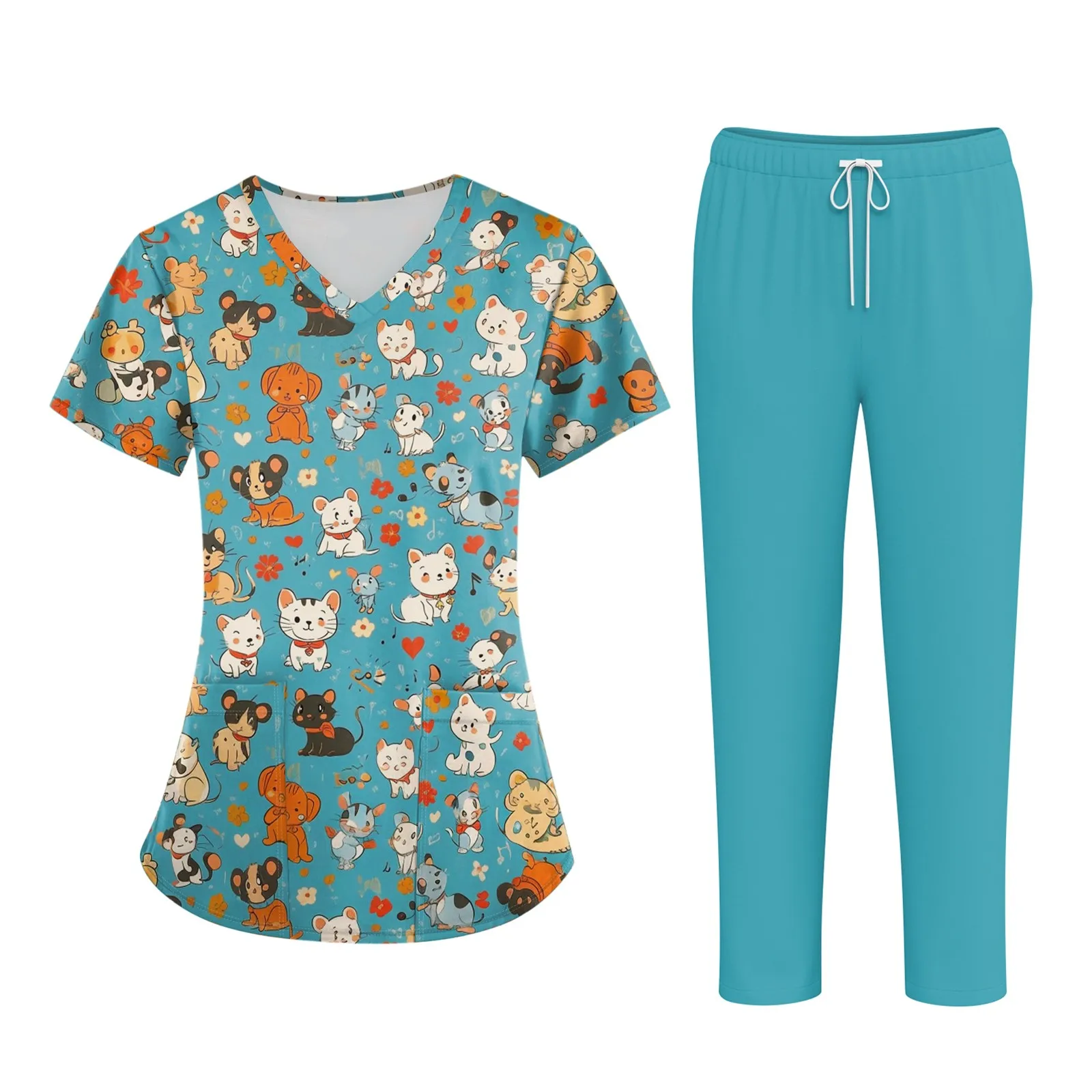 

Рабочая униформа с принтом больших размеров, топы для женщин, забавные футболки с v-образным вырезом и короткими рукавами с милым принтом, рабочая одежда, футболка с карманами