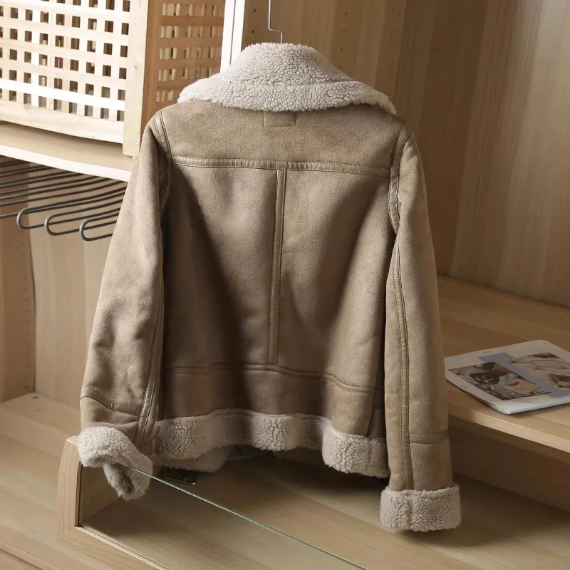 RARF Winter Women Thick Warm Suede Lamb Jacket Short Motorcycle Brown Coats Faux Shearling Sheepskin Leather Jackets Outwear