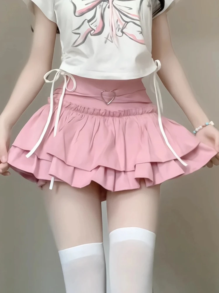 2023 sommer Mini Kuchen Rock Frauen Süße Hohe Taille Schlank Gefaltete A-linie Röcke Japanischen Y2k Solide Alle Spiel Kleidung Neue