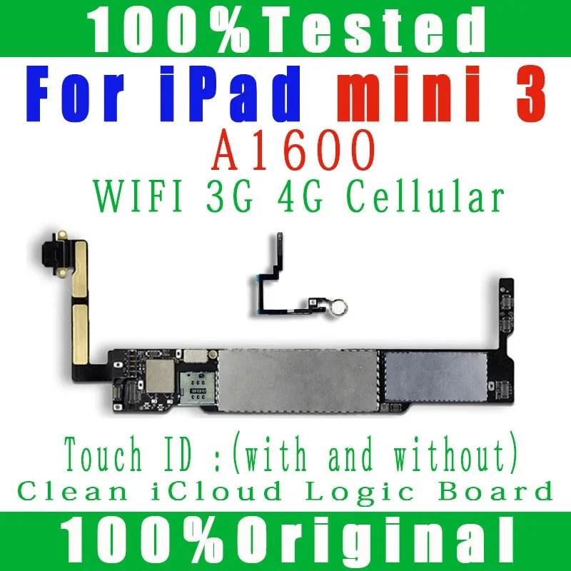 

A1600 Motherboard For ipad Mini 3 Mainboard Logic Board Wifi+Cellular 16GB 32GB 64GB 128GB With iOS MB Clean iCloud