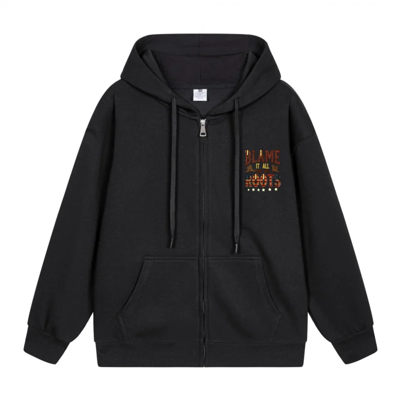 

Men's Zip-Up Hoodie Black Hoodie With Orange Print 2025 New Style Casual Couples’ Style Casual and Loose