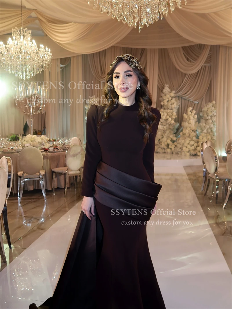 SSYTENS Arabskie Sukienki Wieczorowe Dekolt Okrągły Długie Rękawy Elastyczna Satyna Szyte na Miarę Syrenka Brązowe Suknie na Bal Studniówkowy Vestidos De Noche