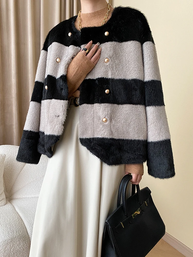 Color-block Stripe Big Size Warm Faux Fur Jacket New Round Neck Long Sleeve Women Coat Fashion Autumn Winter 2023 O732