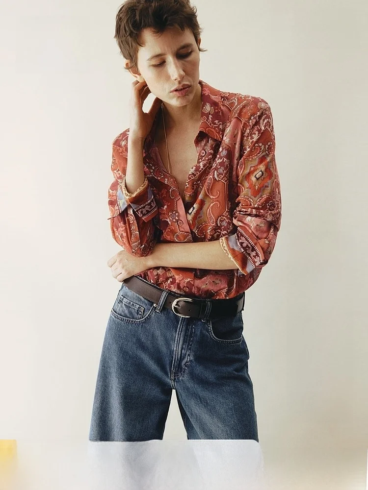 

H&M Summer New Women's Cotton Print Shirt Casual Fit Long Sleeve Button up Fashionable Comfortable Breathable Ladies' Blouse