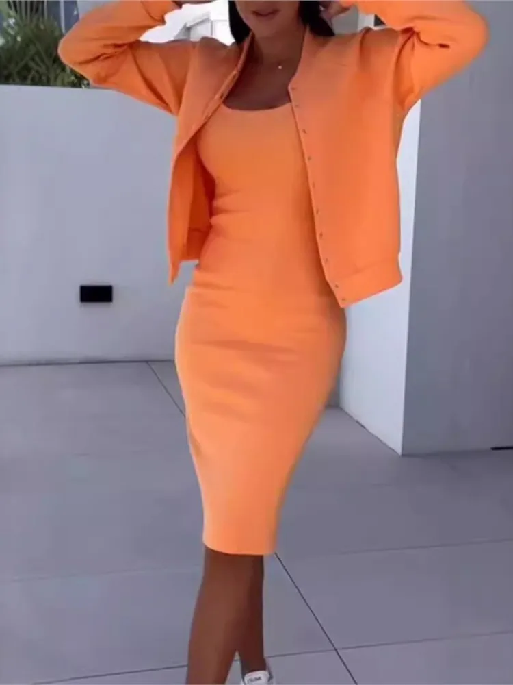 

Spring Summer Sexy Slimming Suspender Dress Long-sleeved Coat Two-piece Set Women's Gentle Style Simple Solid Color Skirt Set