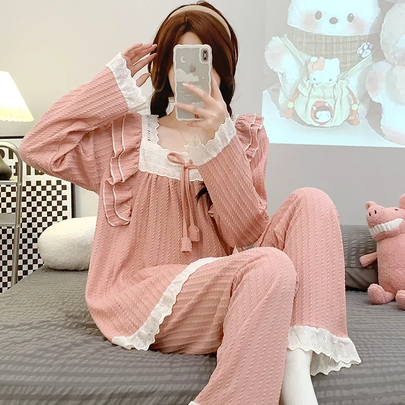 

5XL Plus Size Spring Ladies Pajamas Set Princess Style Cotton Soft Sleepwear Squre Neck Long-sleeve Trousers suit Household Wear