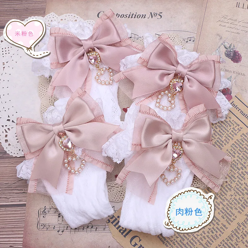 Handmade Japanese Mines Mass-produced Sweet Cute Lo Bow Love Rhinestone Pendant Lace Socks Sweetheart Girl Lolita Socks Women