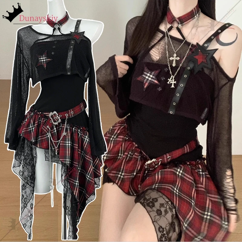 

Goth Y2k Cosplay Vintage Dress Costume Camis Women's Dresses Cyber Punk Grunge Irregular Short Skirts Suit Role-playing Suits