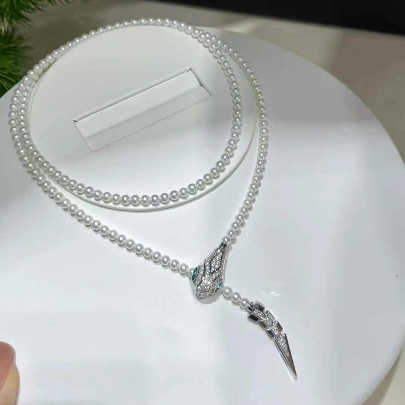 

SGARIT Designer Collection Style Long Necklace Inlay Full Cubic Zircon 925 Sterling Silver Snake Snakelike Party Pearls Jewelry