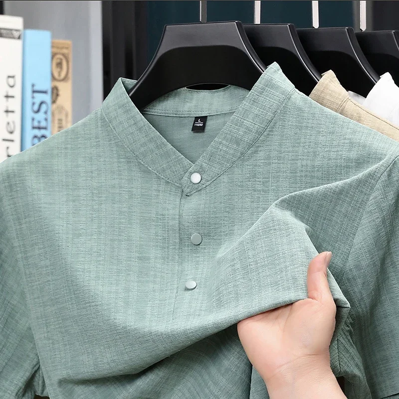 Summer Stand Collar Half Button Mens Shirt Lightweight Textile Blouse Daily Streetwear Home Leisure And Short Travel Outfit