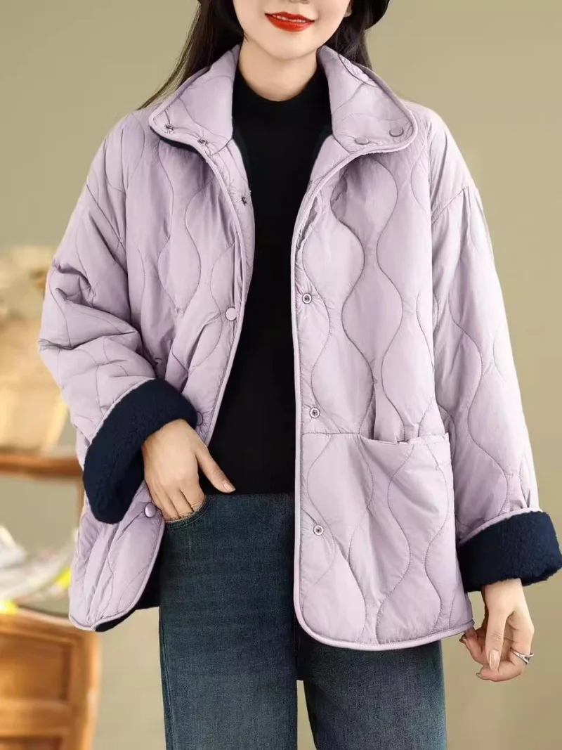 

2025 Autumn/Winter Coat Vintage Style Flip Collar Two Wear Design Versatile Long Sleeve Lamb Wool Cotton Coat For Women w1281