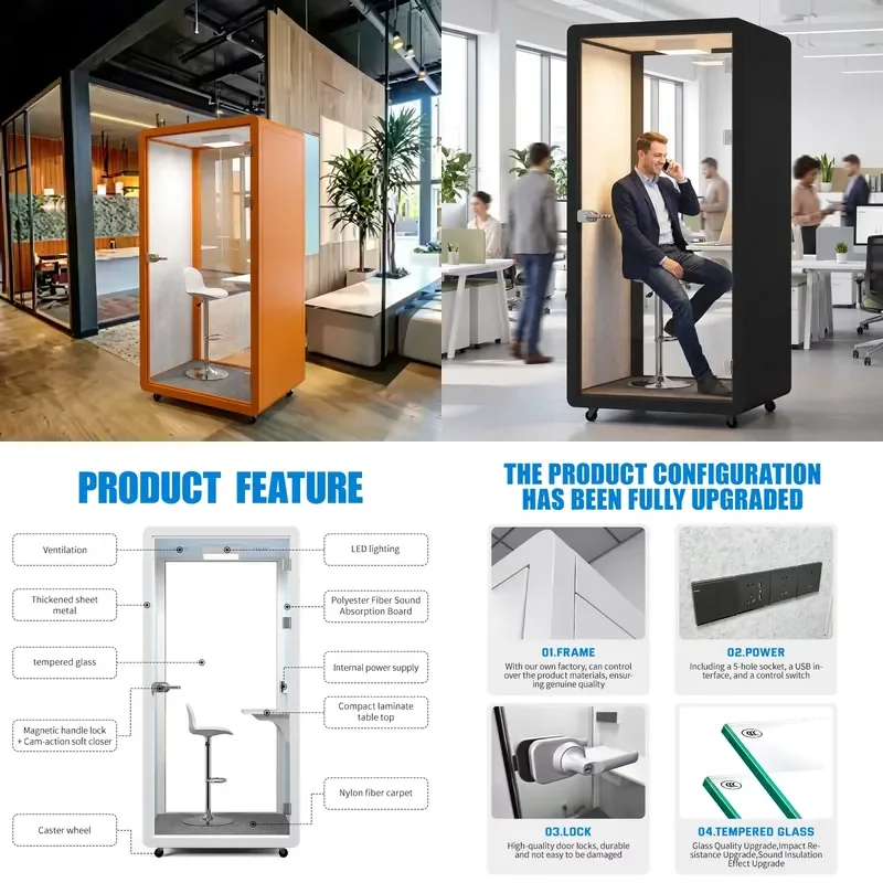 Modern Soundproof Silent Office Meeting Room Booth with LED Lighting Customizable Size and Color for Phone Calls and